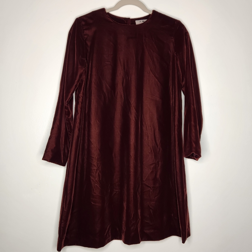 Vintage 90s AKA Eddie Bauer Brown Velvet Long Sleeve Minimalist Dress Petite 4